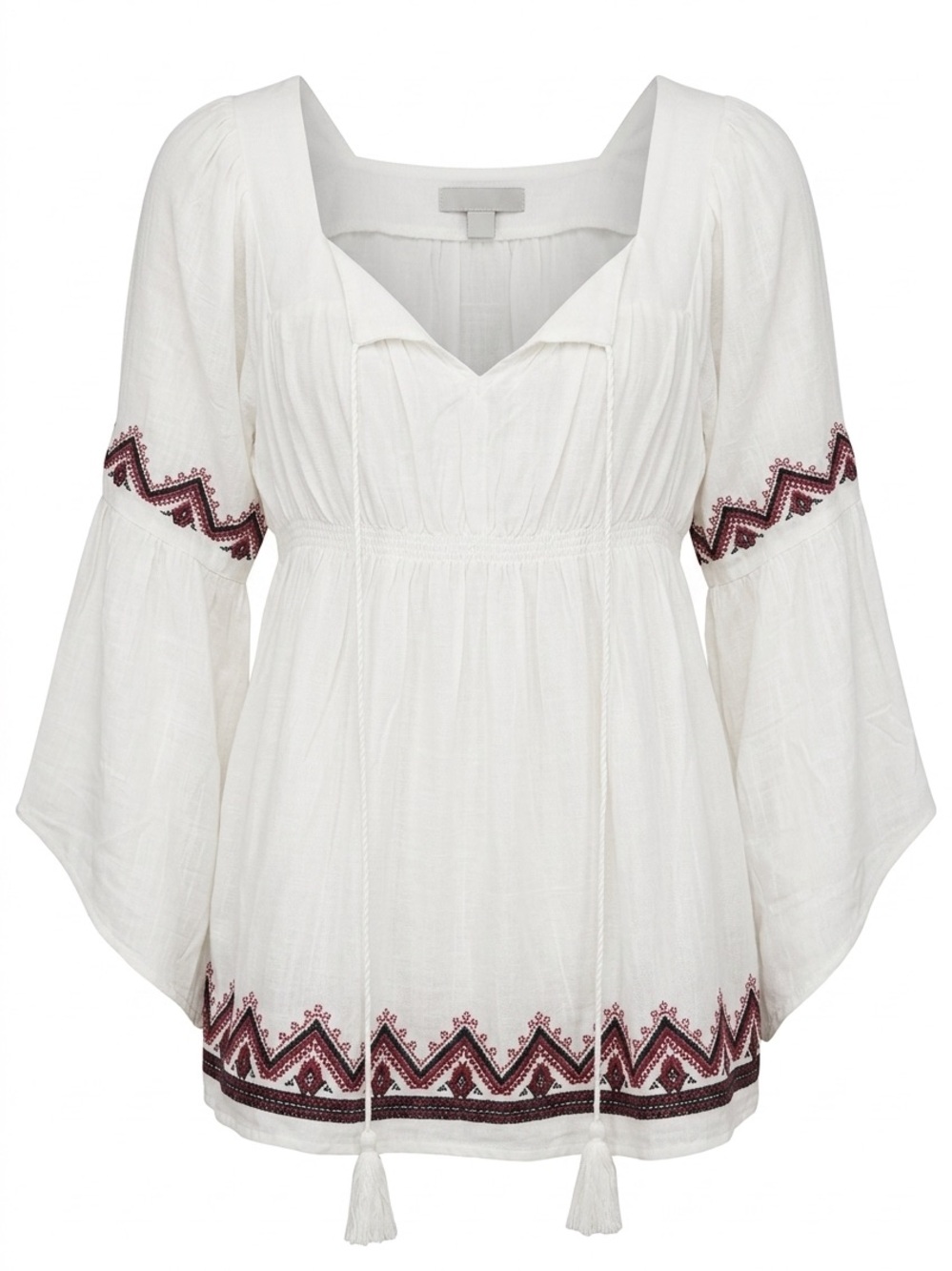 Dance & Marvel White Peasant Blouse with Maroon Embroidery